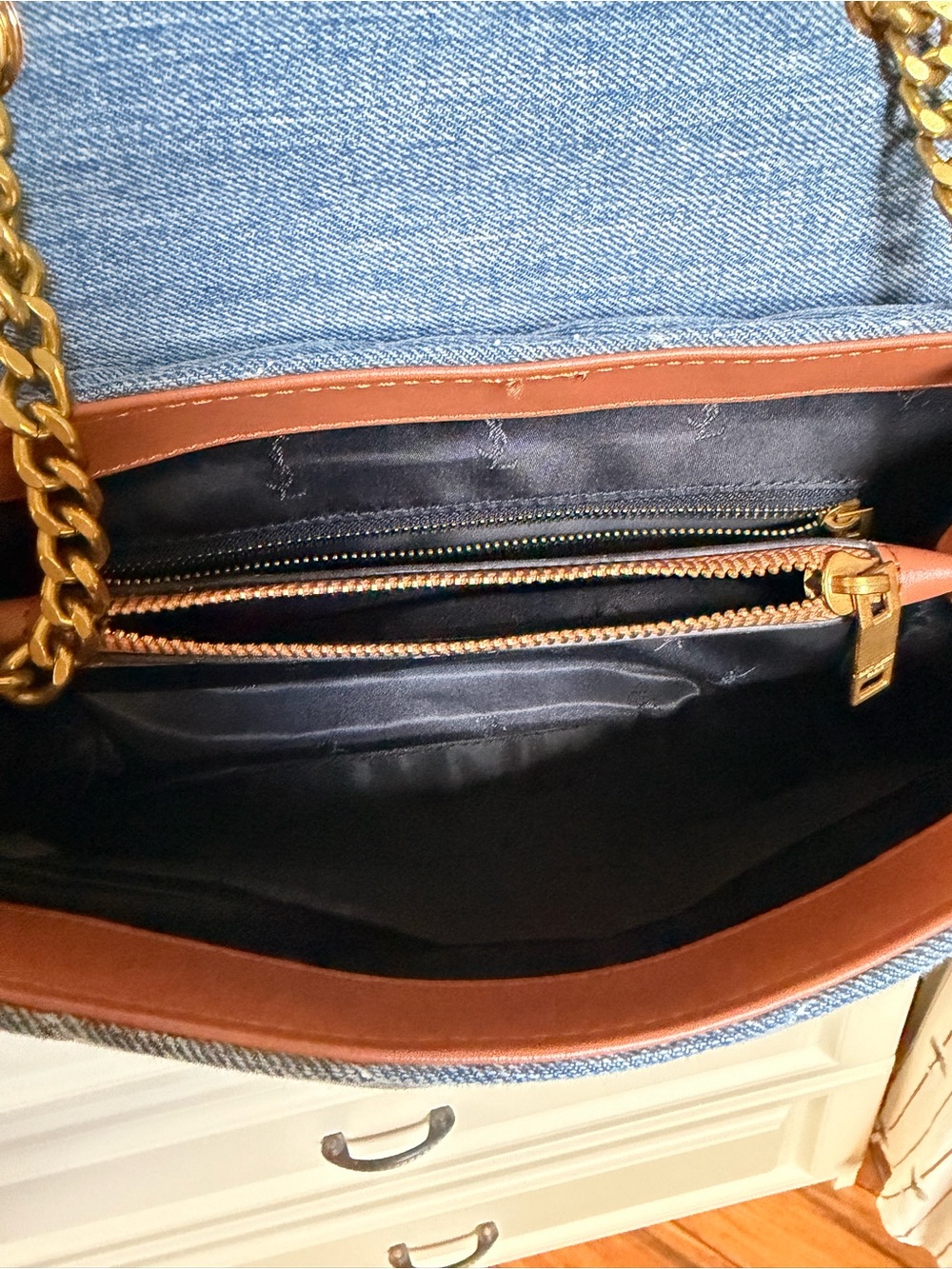 Saint Laurent Denim Quilted Shoulder Bag in Blue Denim with Tan Strap - Picture 6 of 6